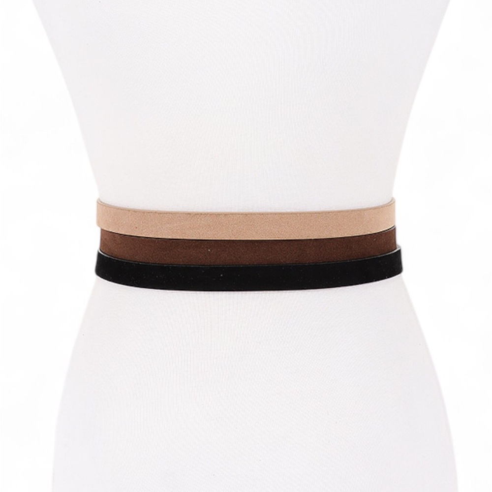 3 PC Vegan Suede Skinny Statement Belt Set - Black, Brown, Tan - Picture 3 of 3